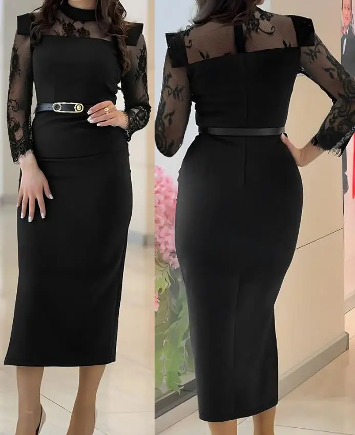 

High Neck Long Sleeved Lace Patterned Mesh Patch Zipper Mid Waist Dress for Summer Women with Waist Bag and Buttocks Sexy Dress