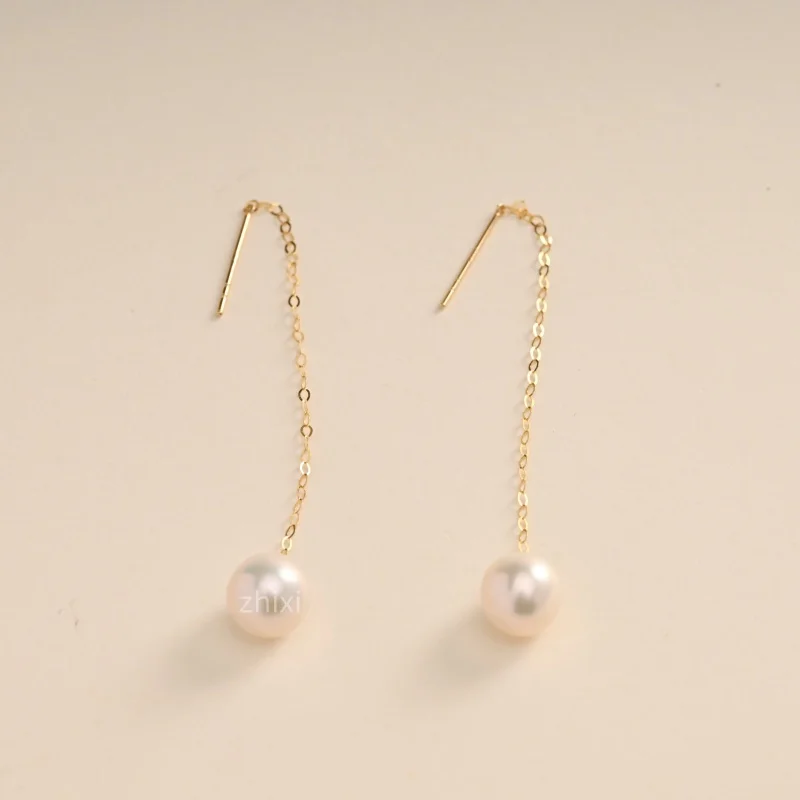 

18K yellow Gold Drop Earrings Fine Jewelry pure freshwater pearls round Drop long au750 fashion wedding gift for women E1001