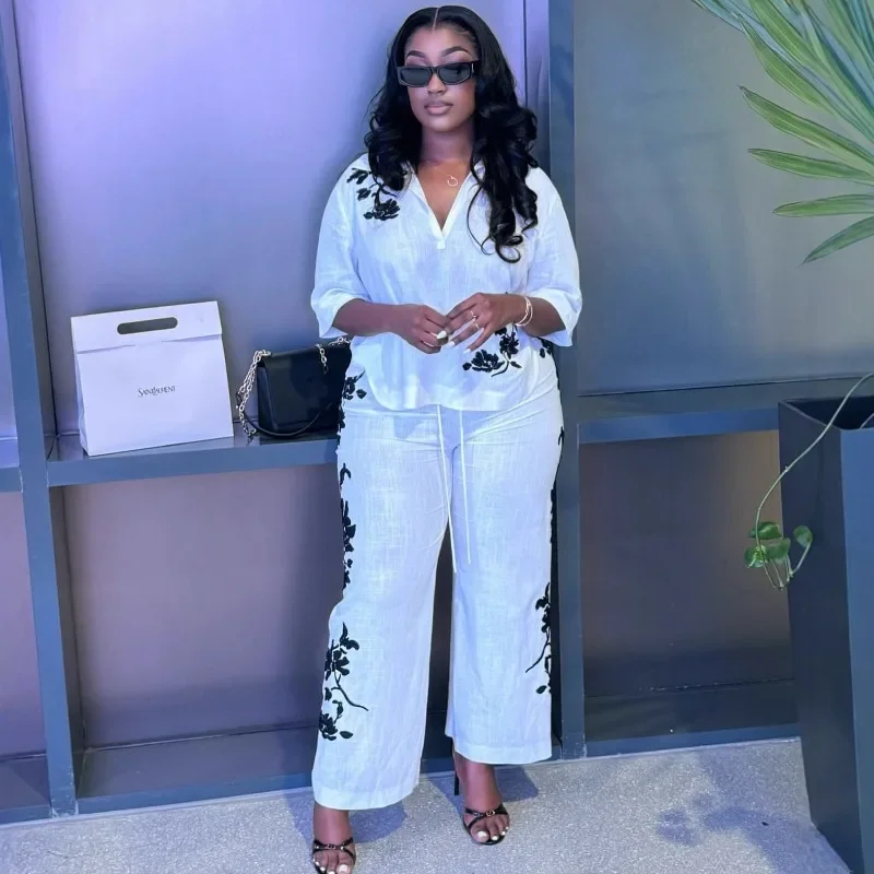 African Fashion Women Turn Collar Print Top Long Pants Set Polyester 100 Loose Fit Casual Elegant Ladies Outfit