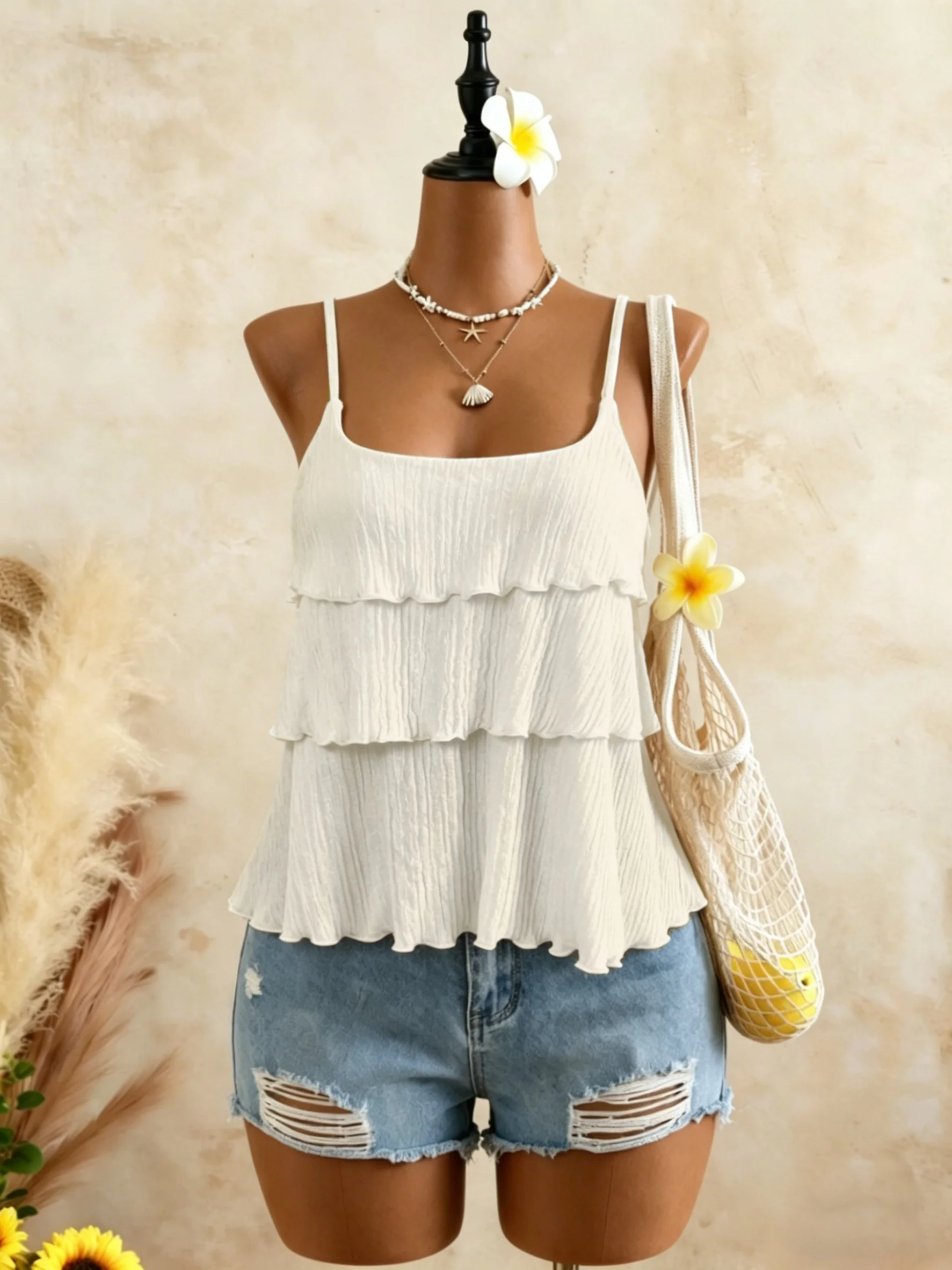 Women Square Neck Thin Strap Multi Tiered Ruffle Crinkled Camisole 2026 Summer Beach Vacation Y2K Casual Tank Tops