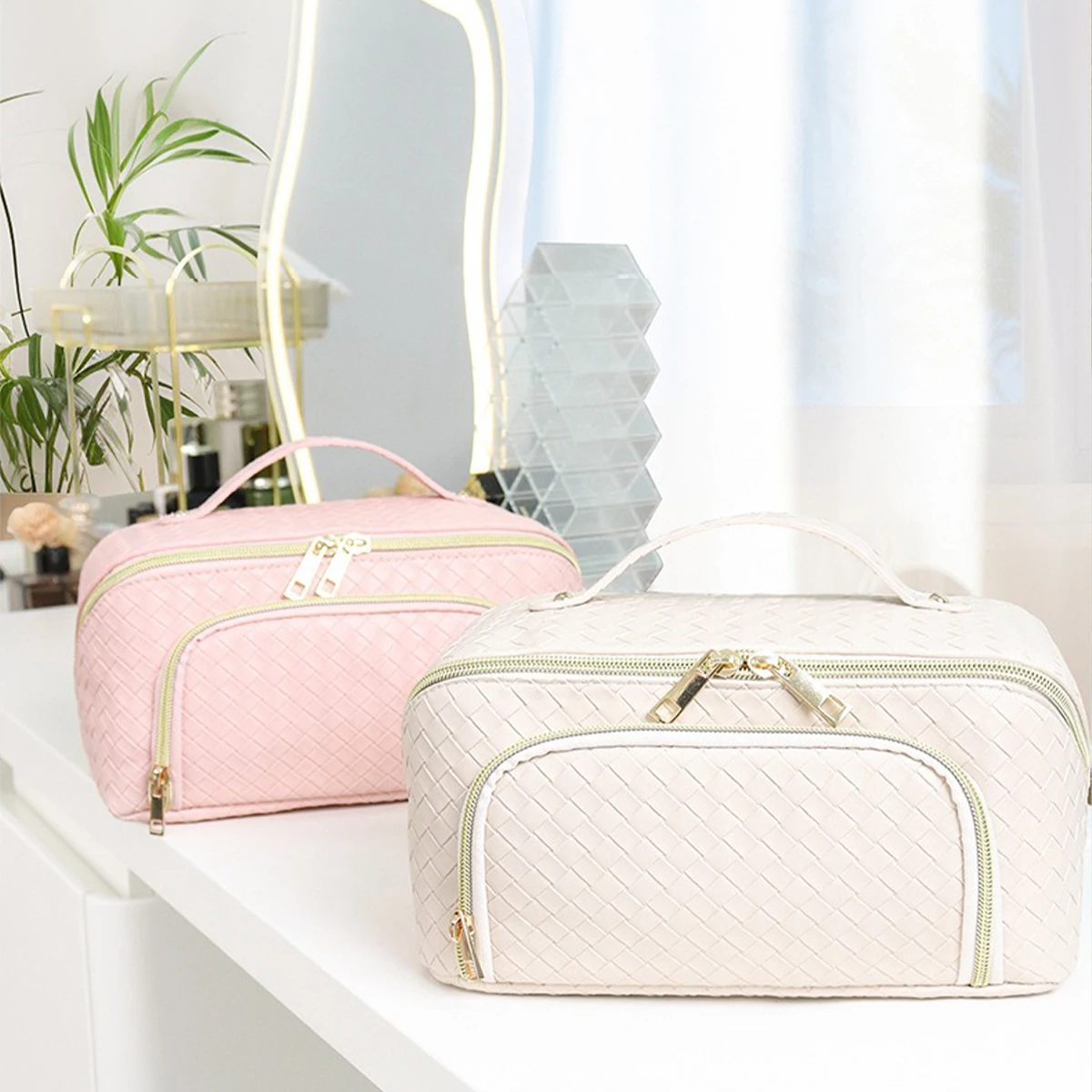 

Woven Texture Makeup Bag with Large Capacity - Cream Color Pu Leather Waterproof Cosmetic Bag Portable Outdoors