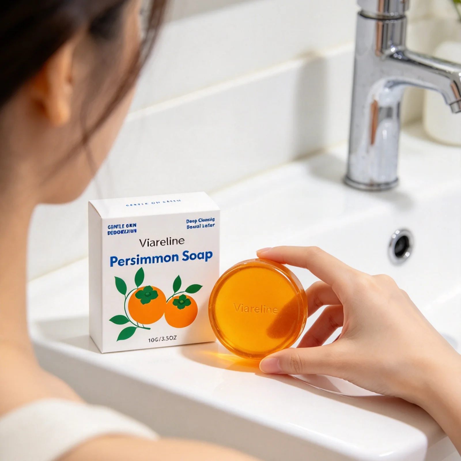 Viareline Persimmon Soap Deep Cleansing Gentle Purification Deodorization Long Lasting Fresh Refreshing Cleansing Bar Soap 100g