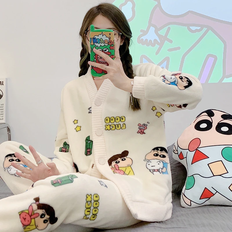 Cute Cartoon Kawaii Crayon Shin-chan Winter Sleepwear Women's V-Neck Cardigan with Thick Flannel Set for Home Wear