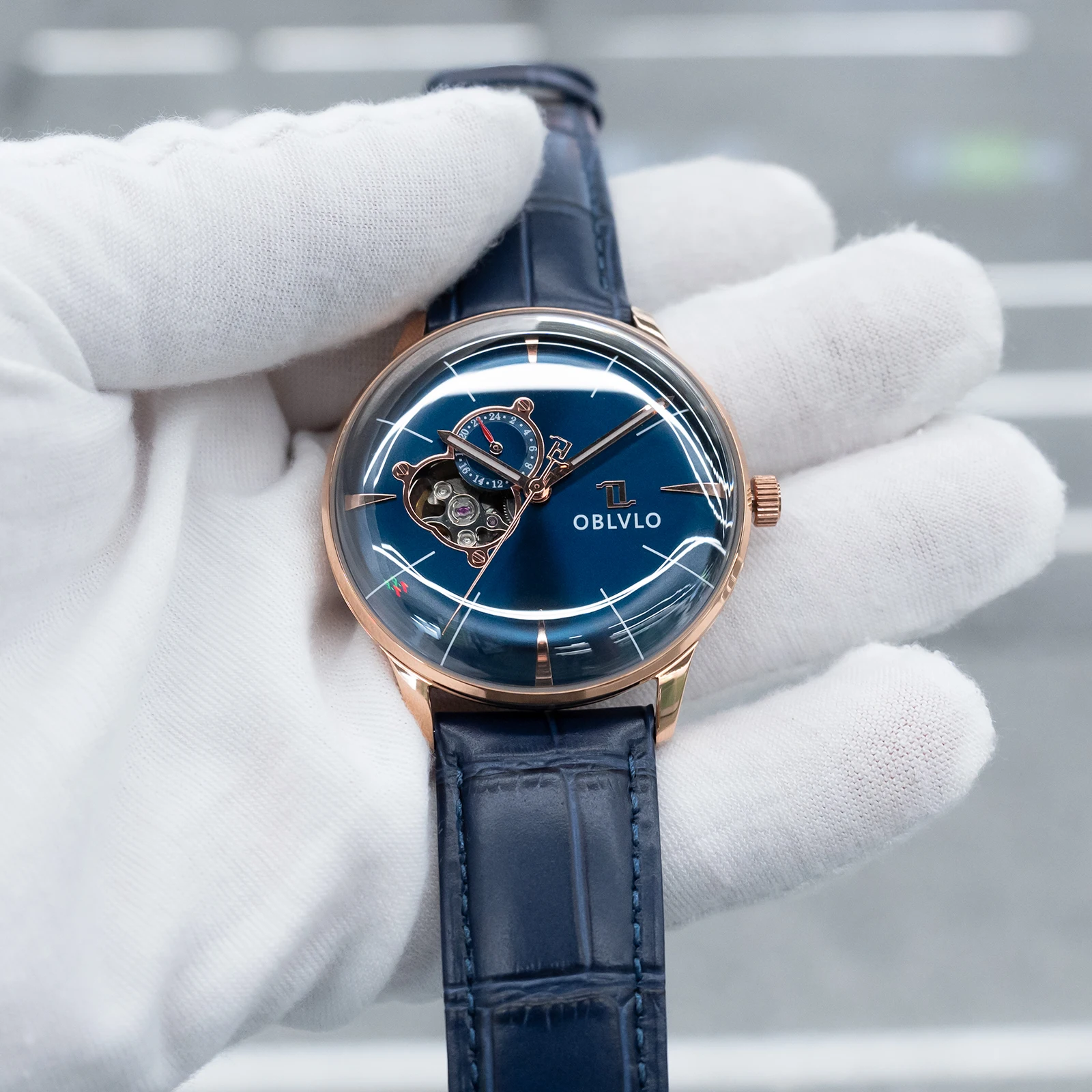 OBLVLO Men's 42mm Rose Gold Skeleton Automatic Watch Luminous Hands Leather Strap See-through Mechanical Movement Elegant NW