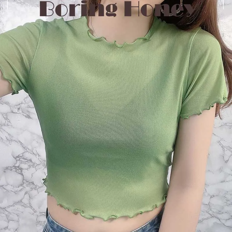 Boring Honey Fashion Women Blouses Summer Perspective Clothing Short Mest Garment Base Shirt Lace Blouses And Shirts Top Women