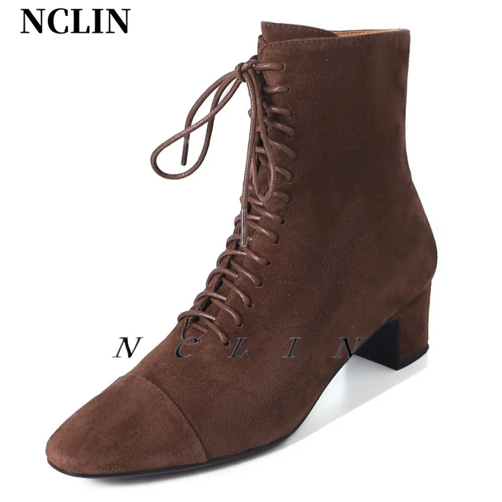 

NCLIN Elegant Retro Women Suede Leather Ankle Boots Thick High Heels Cross-tied Party Office Pumps Female Short Boots