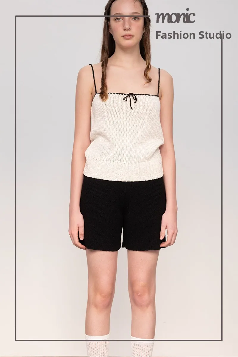

Summer Viaplain23 Knitted ort Vest Top with Small Bowtie Strapl Cotton Straight Cut Commute Sle Pure Color Bal