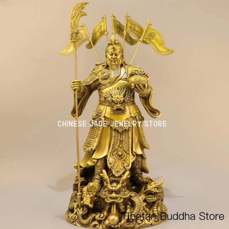 All-copper martial god of wealth statue with five flags and a dragon holding a treasure, Guan Gong's second master, home, office