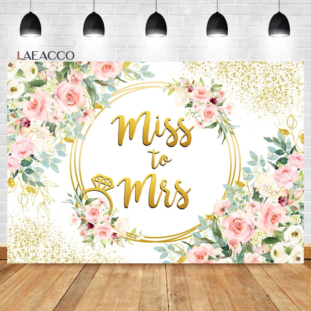 

Laeacco Miss to Mrs Backdrop Pink Floral Gold Dots Ring Bridal Shower Bride to Be Wedding Party Portrait Photography Background