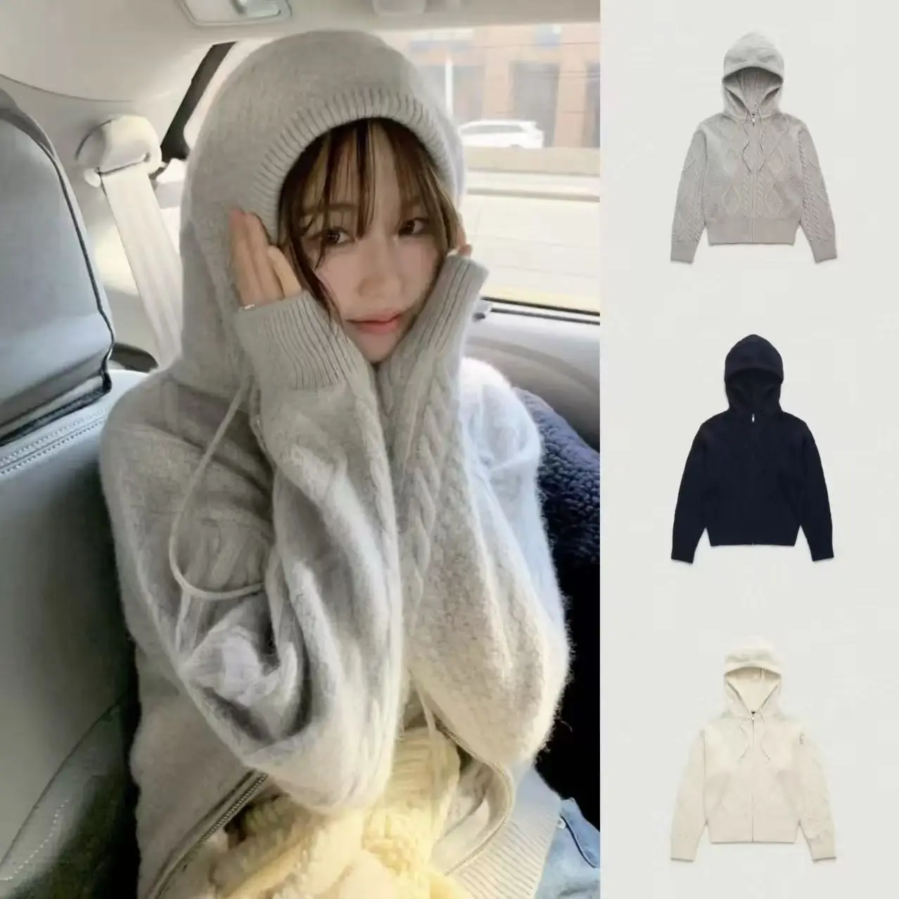 

Korean Sle Sweet Versatile Diamond id Base Knitted Hat Women's Long Sve Thiened Cardigan Coat Zipper Closure Daily Wear