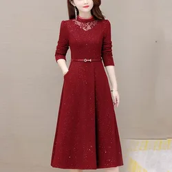 Winter Women's New Thickened Solid Color Half High Neck Lace Long Sleeved Dress Autumn Elegant Leisure Comfortable Dress