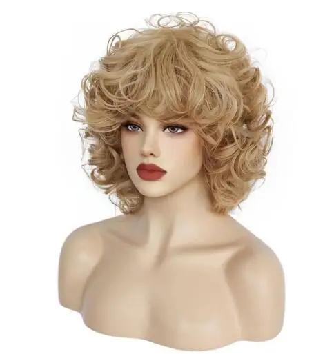 Short Blonde Brown Curly Wavy Synthetic Sandy Grease Cosplay Women\'s Wig for Halloween Christmas School Thanksgiving Day