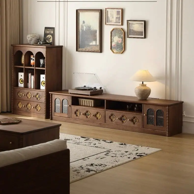 American North American walnut color TV cabinet French living room storage solid wood TV cabinet
