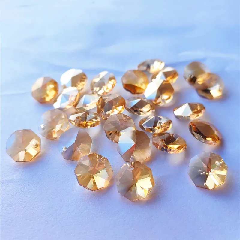 

Top Quality 100pcs Champagne 14mm K9 Crystal Octagonal Beads With One Hole Crystal Chandelier Lighting Parts DIY Suncatcher Part