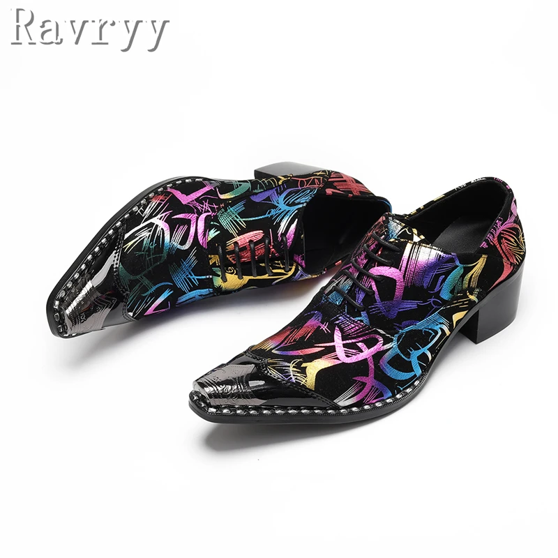 Colorful Prints Genuine Leather Men Shoes Luxury Design Metal Toe Lace Up High Heel Oxford Shoes Rivets Party Club Dress Shoes