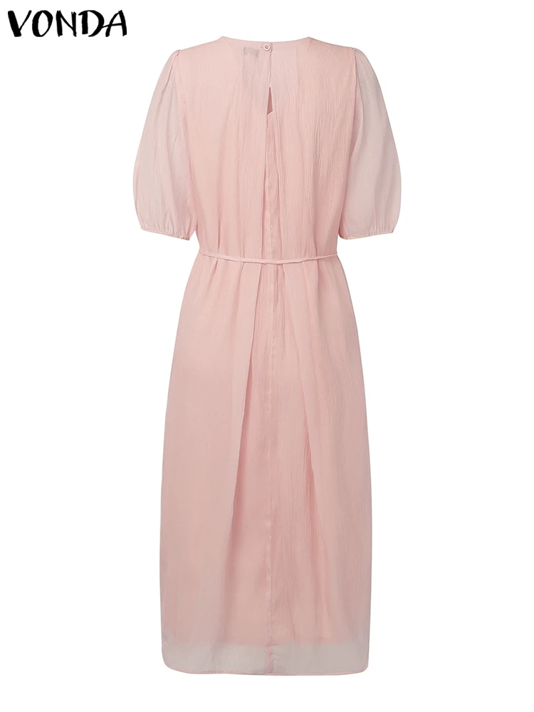 Vonda verão elegante camisa longa vestidos femininos manga puff sólido maxi vestidos 2025 moda casual com cinto bandagem festa robe