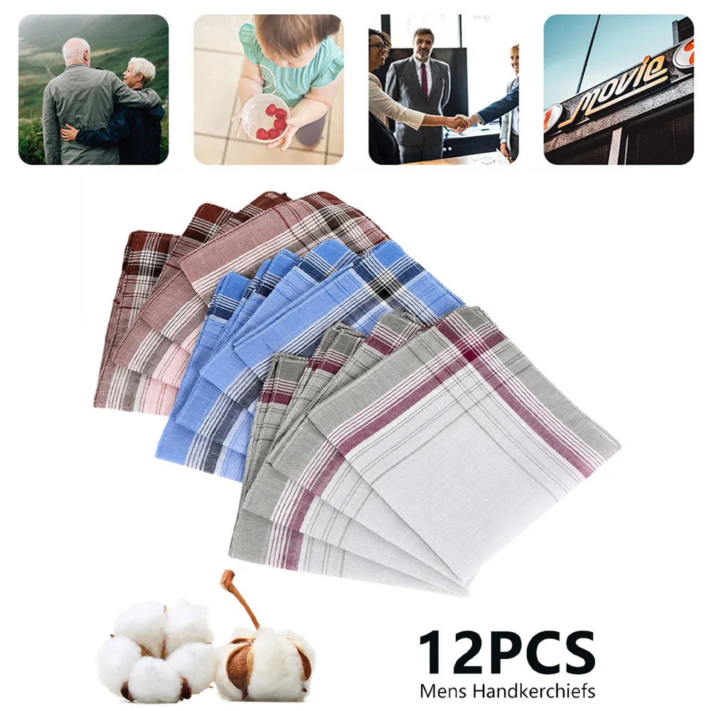 12Pcs Mens Handkerchiefs Assorted Pure Cotton Handkerchiefs Stripe Checkered Pattern Handkerchiefs For Wedding Party Restaurant