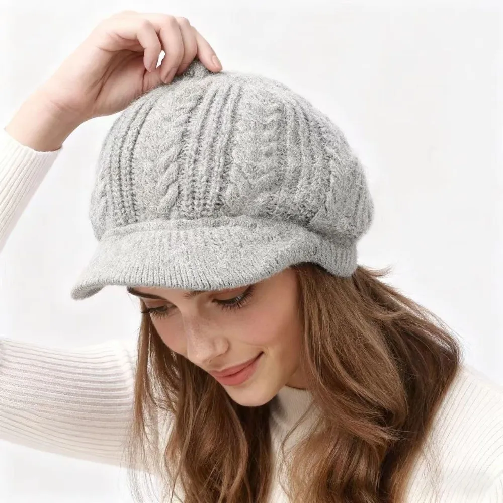 قبعة شتوية نسائية سميكة غير رسمية من الصوف الدافئ على شكل لسان البط مقاومة للرياح لحماية الأذن قبعة حياكة في الهواء الطلق #4