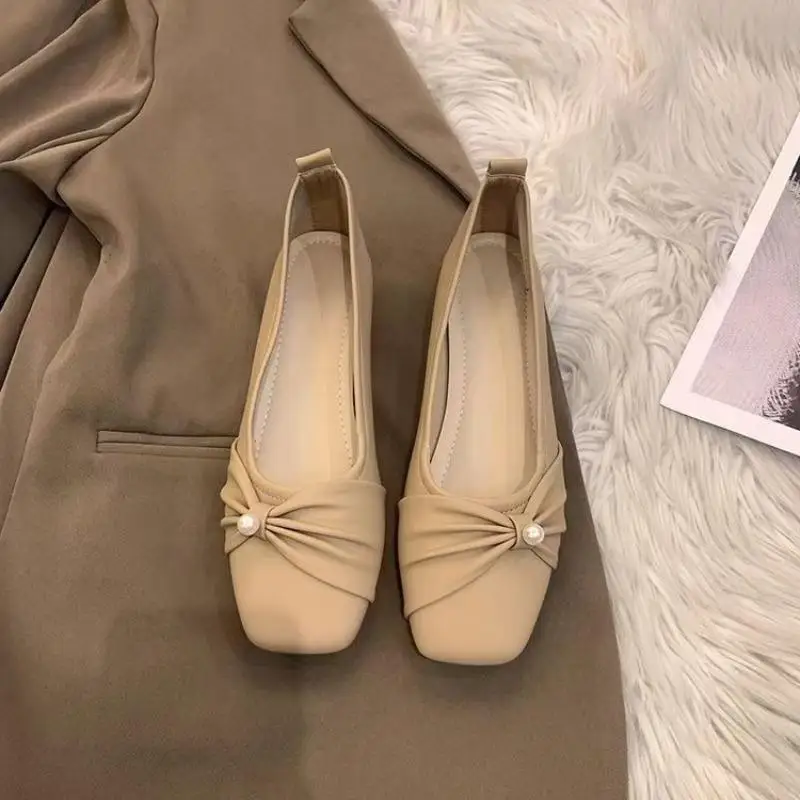 Women's Soft Square Toe Flat Shoes with Front Twist Knot Pearl Ornament - Ideal for Weekend Gatherings
