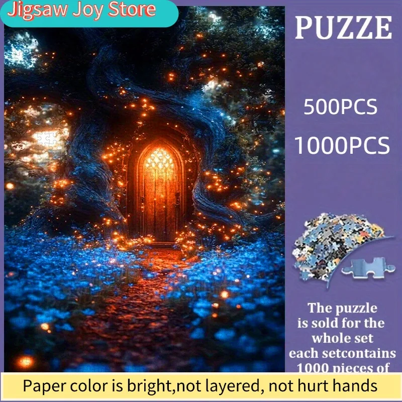 

Puzzle, DIY Paper Puzzle, Dreamy Forest Tree Hole with Fireflies, Blue Flowers, Fairy Tale Scene, Thickened White Card Materi