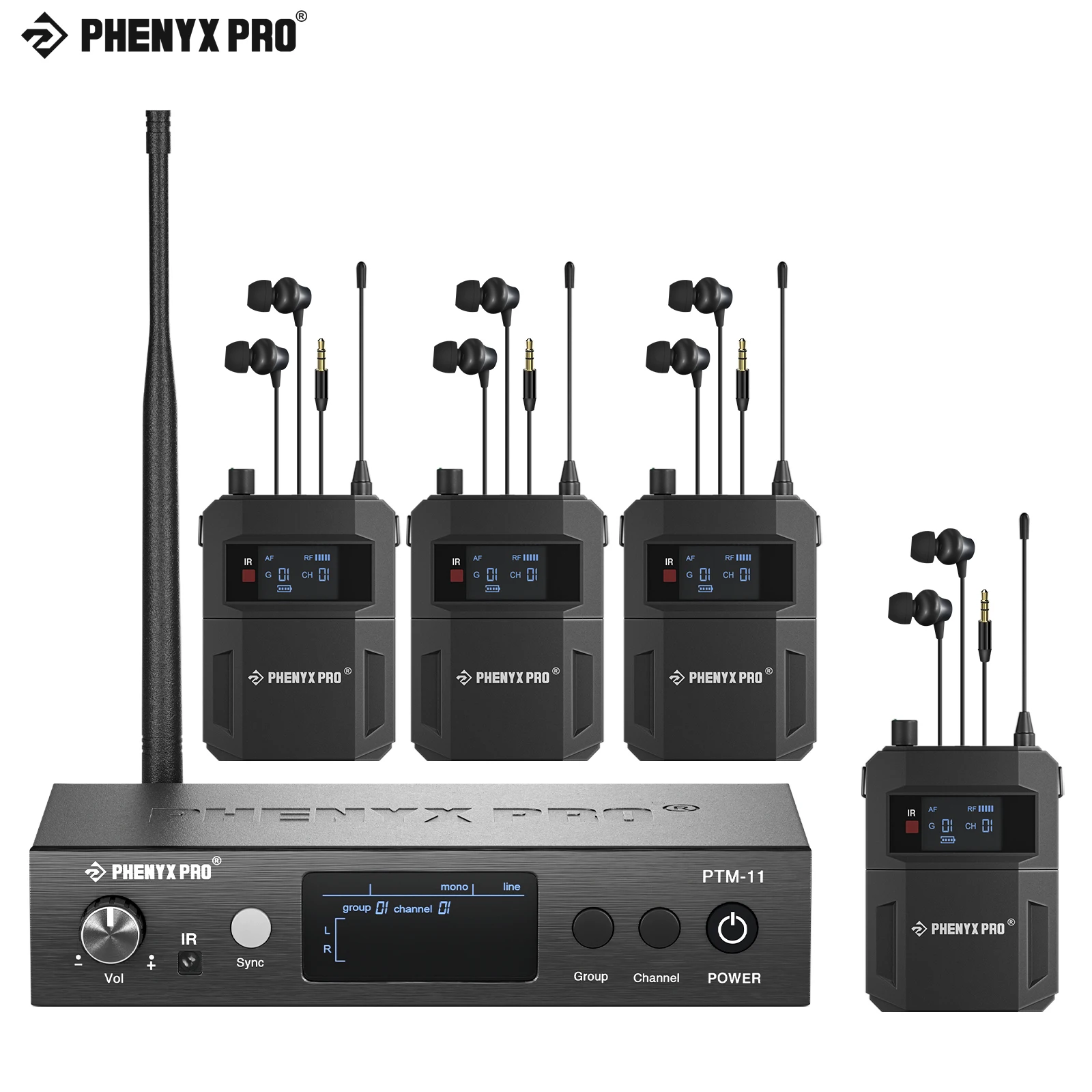 UHF Mono Single Channel Wireless in-Ear Monitor System with 4 bodypack receiver 50Adjustable Frequencies Left and Right Inputs