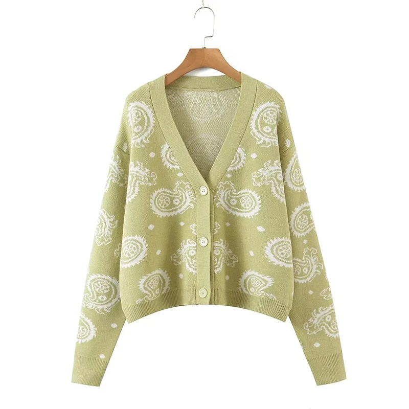 Autumn Women Long Sleeve V Neck Paisley Print Sweater Cardigan Short Casual Loose Outerwear