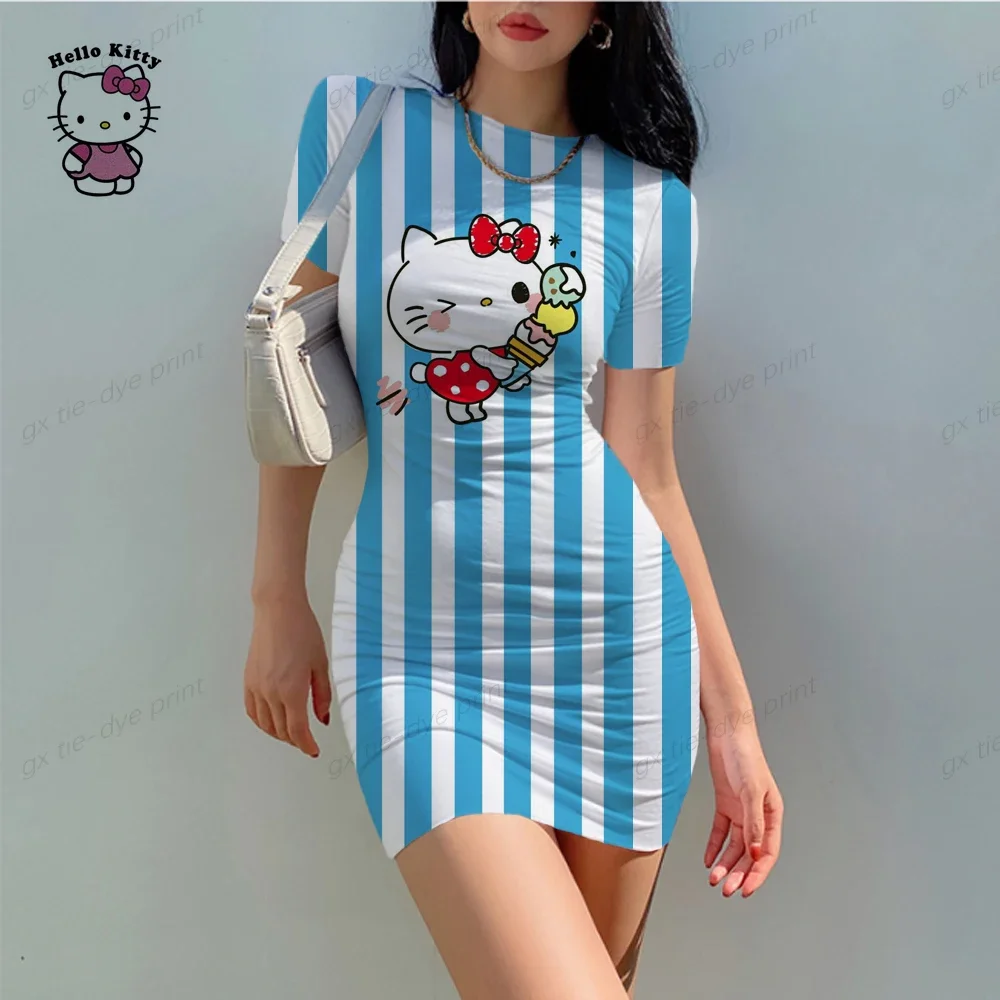 Vestido de desenho animado Hello Kitty Bodycon para mulheres, manga curta, streetwear Y2K, vestido de praia casual, festa e clube, novo, venda quente, verão, 2024