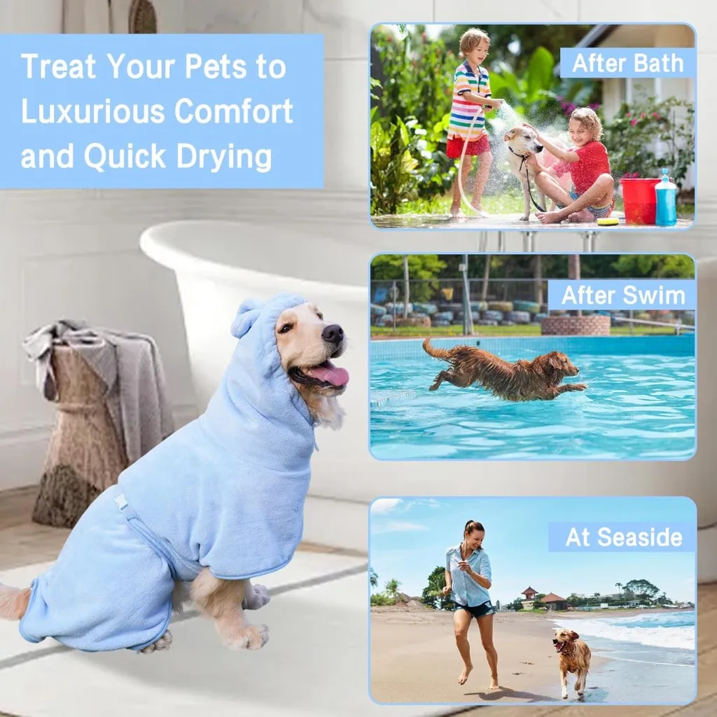 Pet Bathrobe for Dogs: 5 Sizes Ultra-Fine Microfiber High Absorbency Quick Drying Hooded Pet Robe with Adjustable Straps -