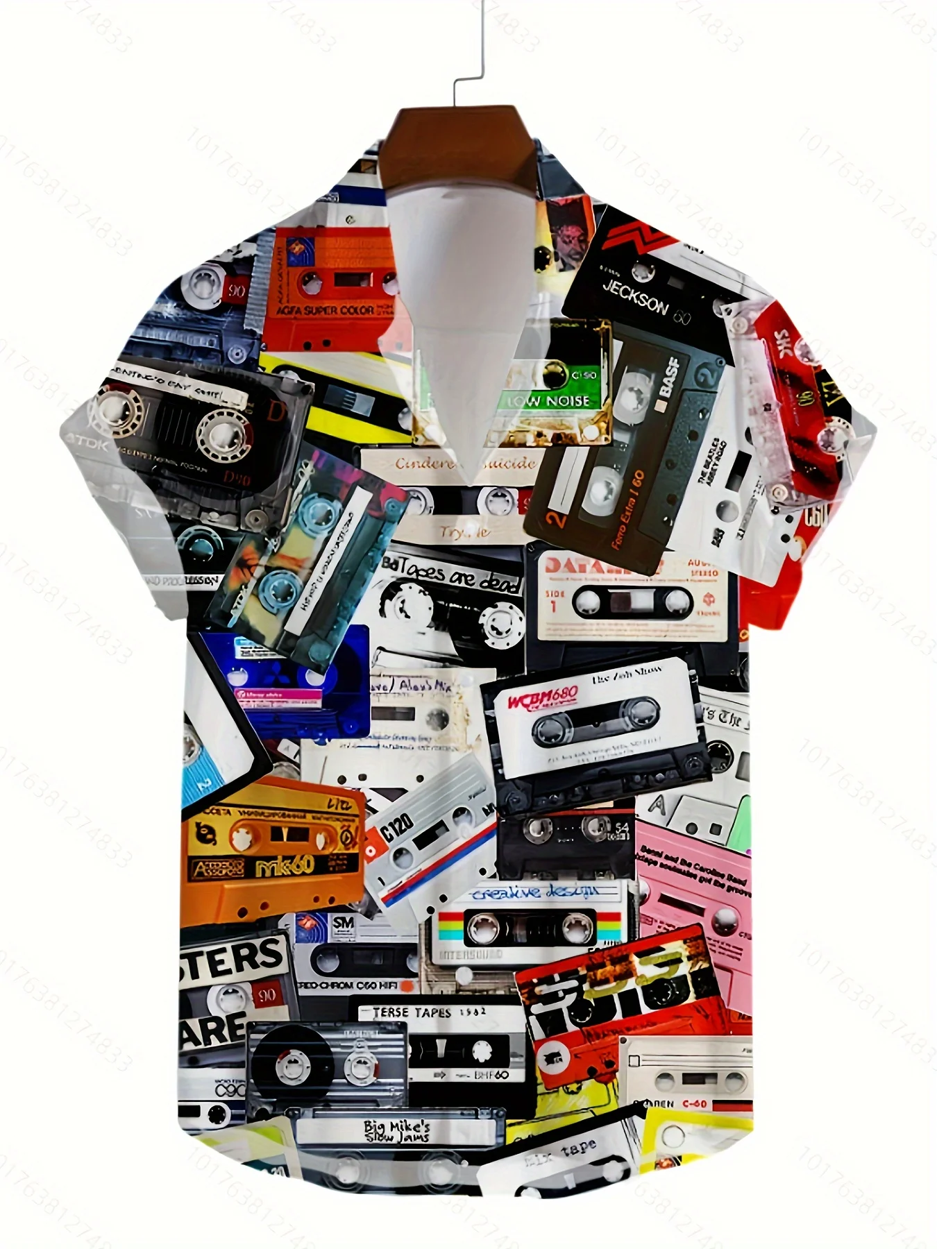 Men's 3D Retro Tape Graphic All Over Print Short Sleeve Lapel Shirt Tops, Casual Button Down Shirts for Summer Daily and Resort