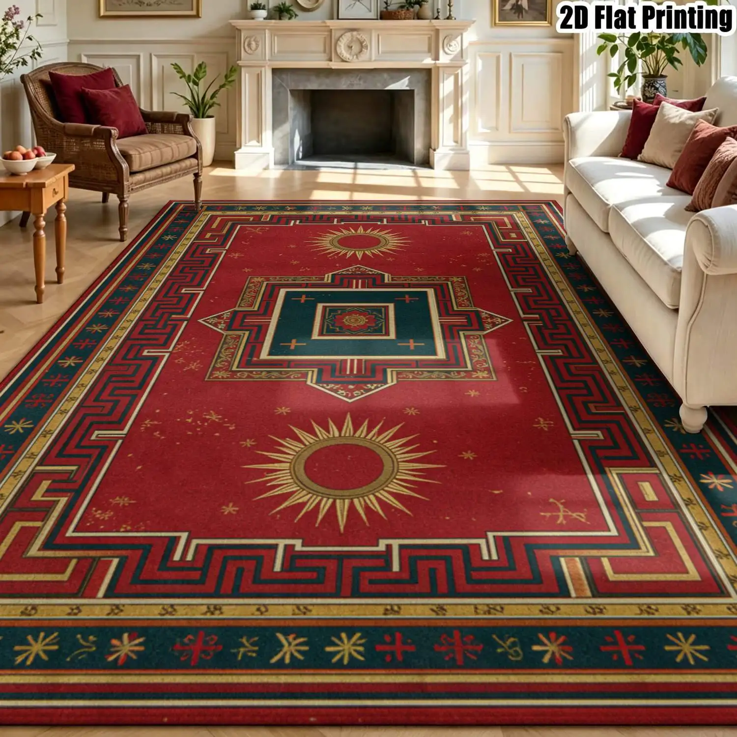 1Pc 2D Printed Retro Red Sun Geometric Carpet, European Bohemian Style, Machine Washable, Multi-Size, Home Decor for Entrance/Dining Room/Bedroom/Living Room