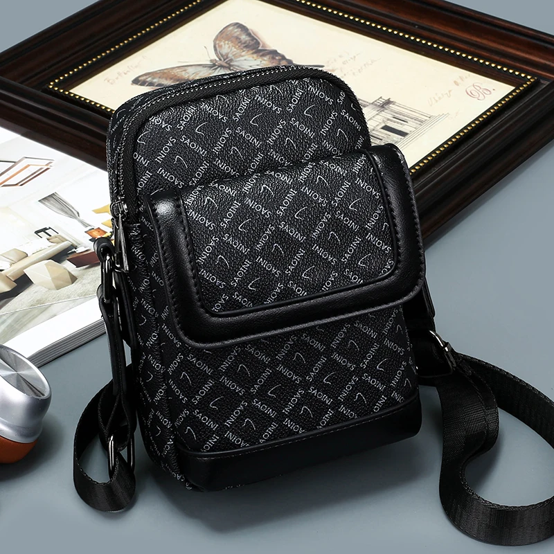 

2026 new Men's Vintage Monogram Crossbody Phone Bag Multi-Pocket PU Leather Sling Purse Adjustable Strap Casual Shoulder Bag
