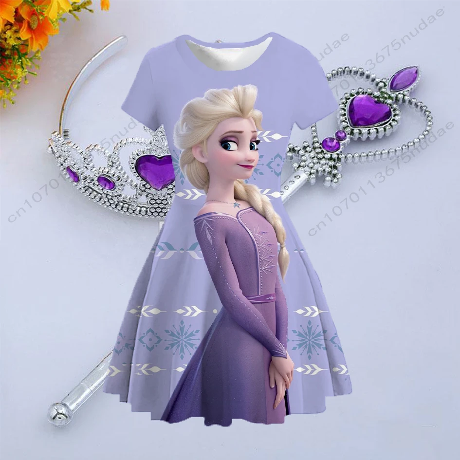 Frozen series printed round neck short sleeve pleated skirt sweet waist slimming princess dress birthday party dress