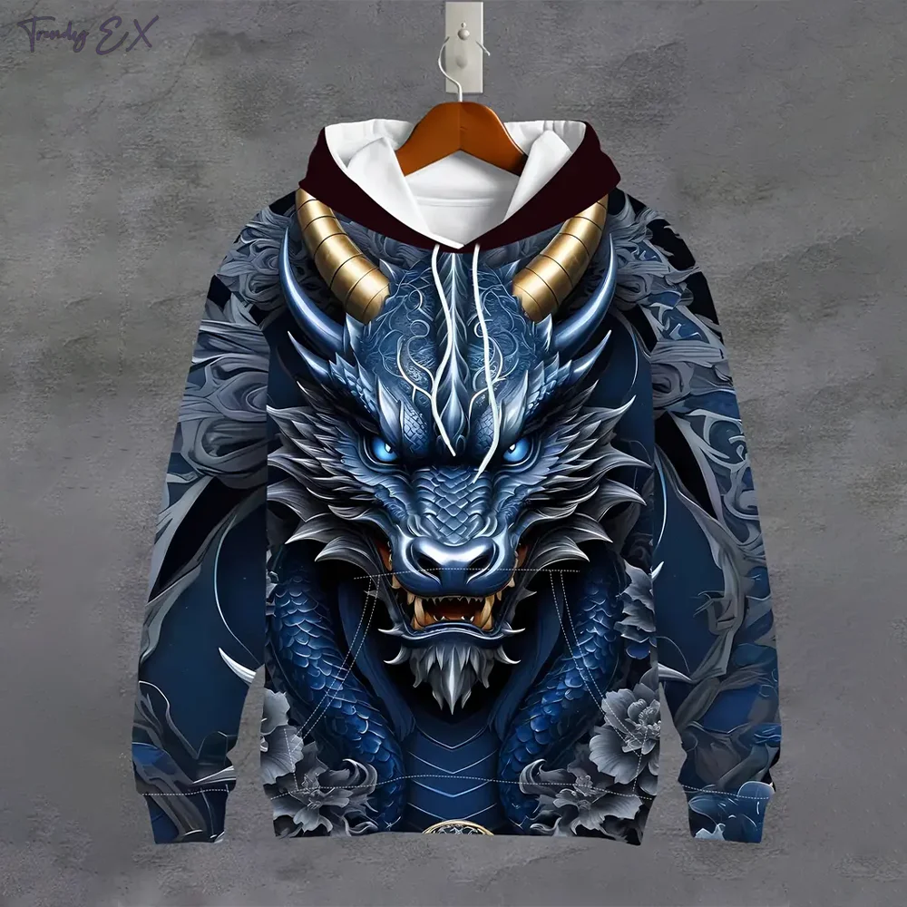 

Autumn New in Sweatshirts Stylish Dragon Graphic Breathable Hooded Blouse Kangaroo Pocket Long Sleeve Sweatshirts for Men Tops