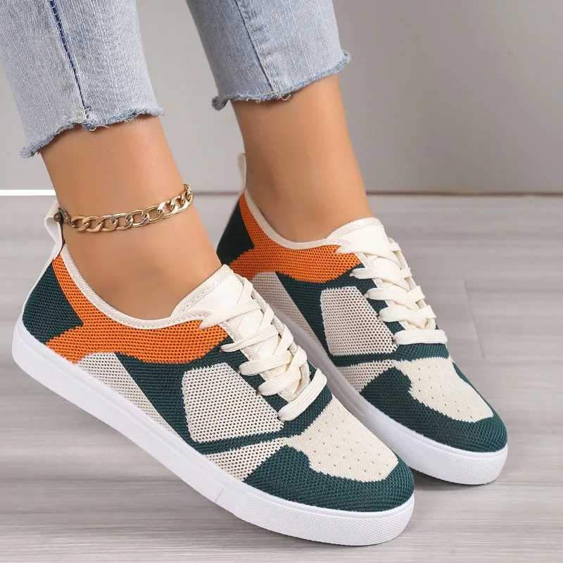 Women's Green & Orange Color Block Knit Sneakers - Breathable Mesh Lace-Up Casual Walking Shoes
