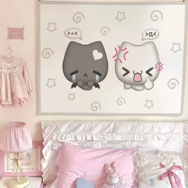 VIKAMA Cute Gray White Cat Tapestry Music Note Polka Dot Wall Hanging for Kids Bedroom Soft Aesthetic Decor Home Decor