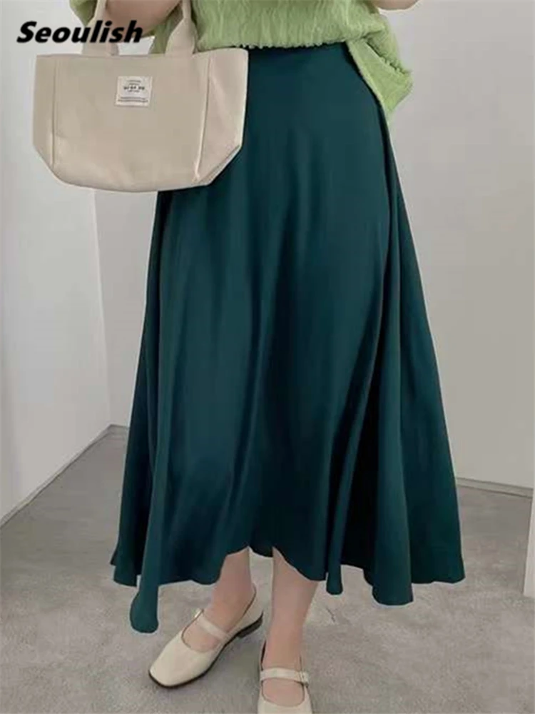 

Seoulish Solid Color A-Line Skirts Summer Spring 2023 New Elegant Midi Length High Elastic Waist Umbrella Skirts Ladies Female