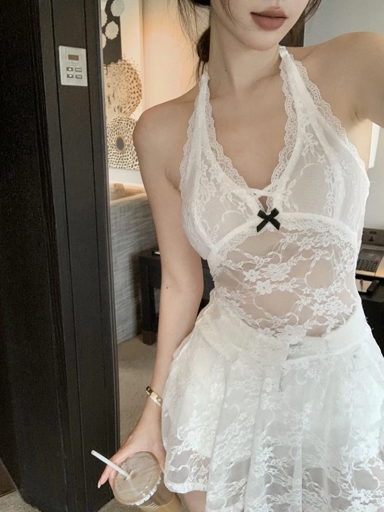 White Lace Halter Short Skirt Mesh Overlay Slim Fit Base Layer Dress Korean Style Autumn Winter Fashion Sexy Transparent Design