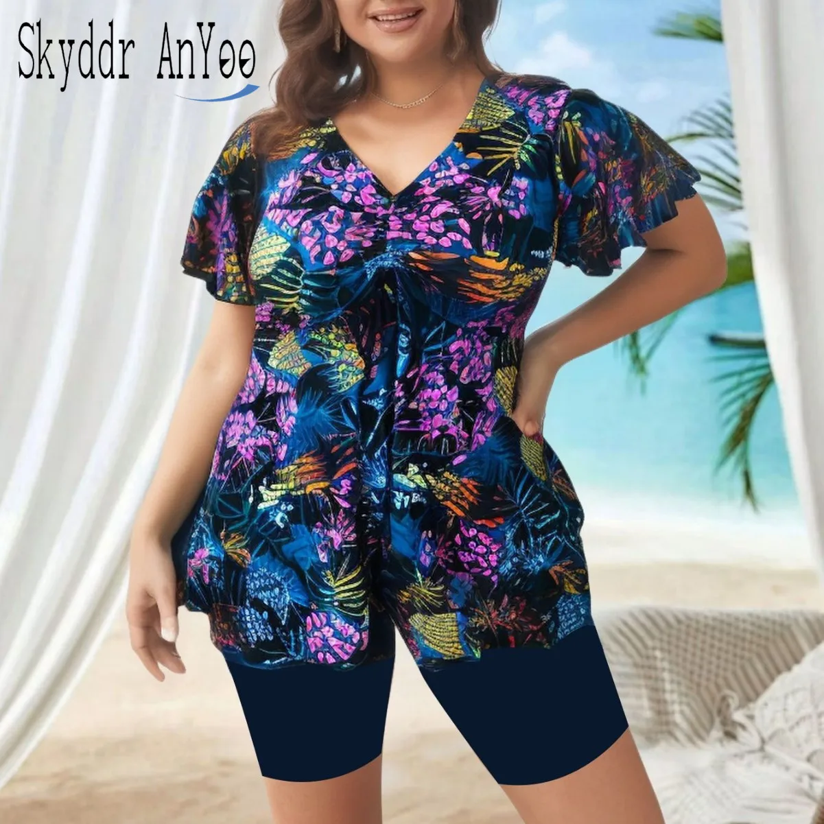 Plus Size Women's Swimsuit 2025 Printed Two Piece Tankini Bathing Suit V-Neck Short Sleeve Swim Top High Waist Swimwear