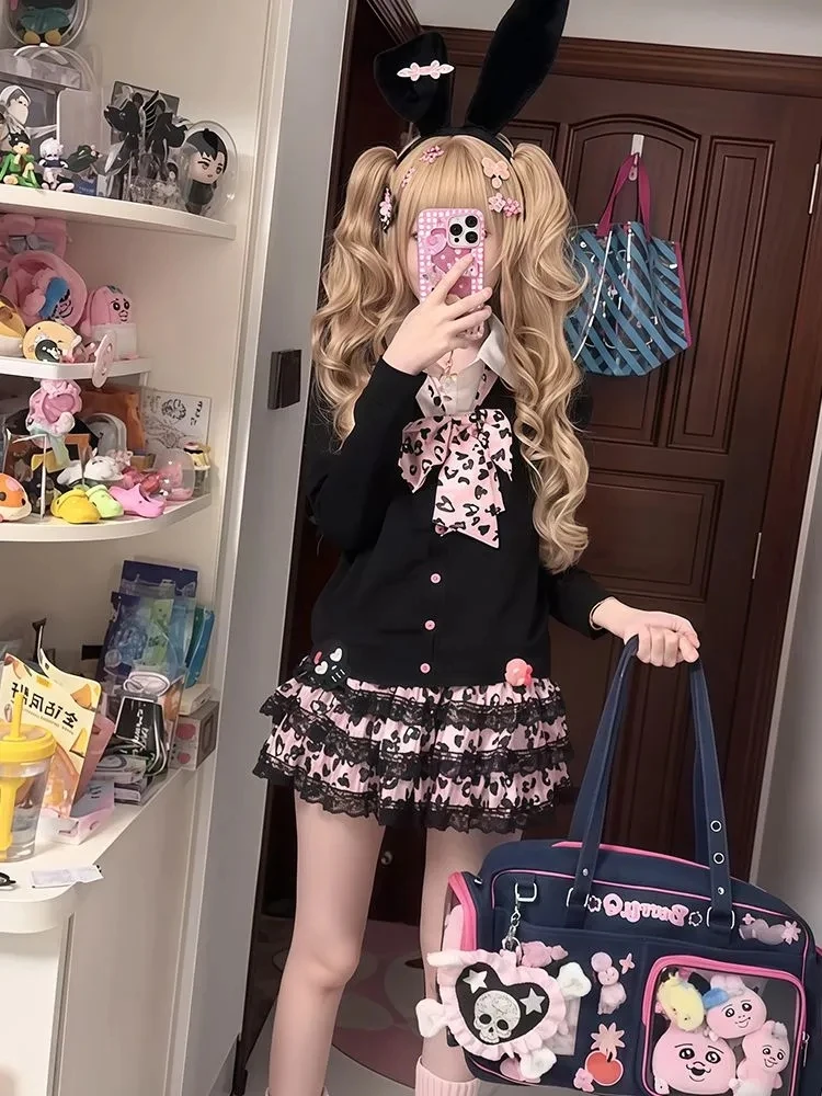 

Sweet Knot Top And Pink Leopard Print Skirt Autumn Spicy Girl Outfit ort Set Small Size Japanese Subculture