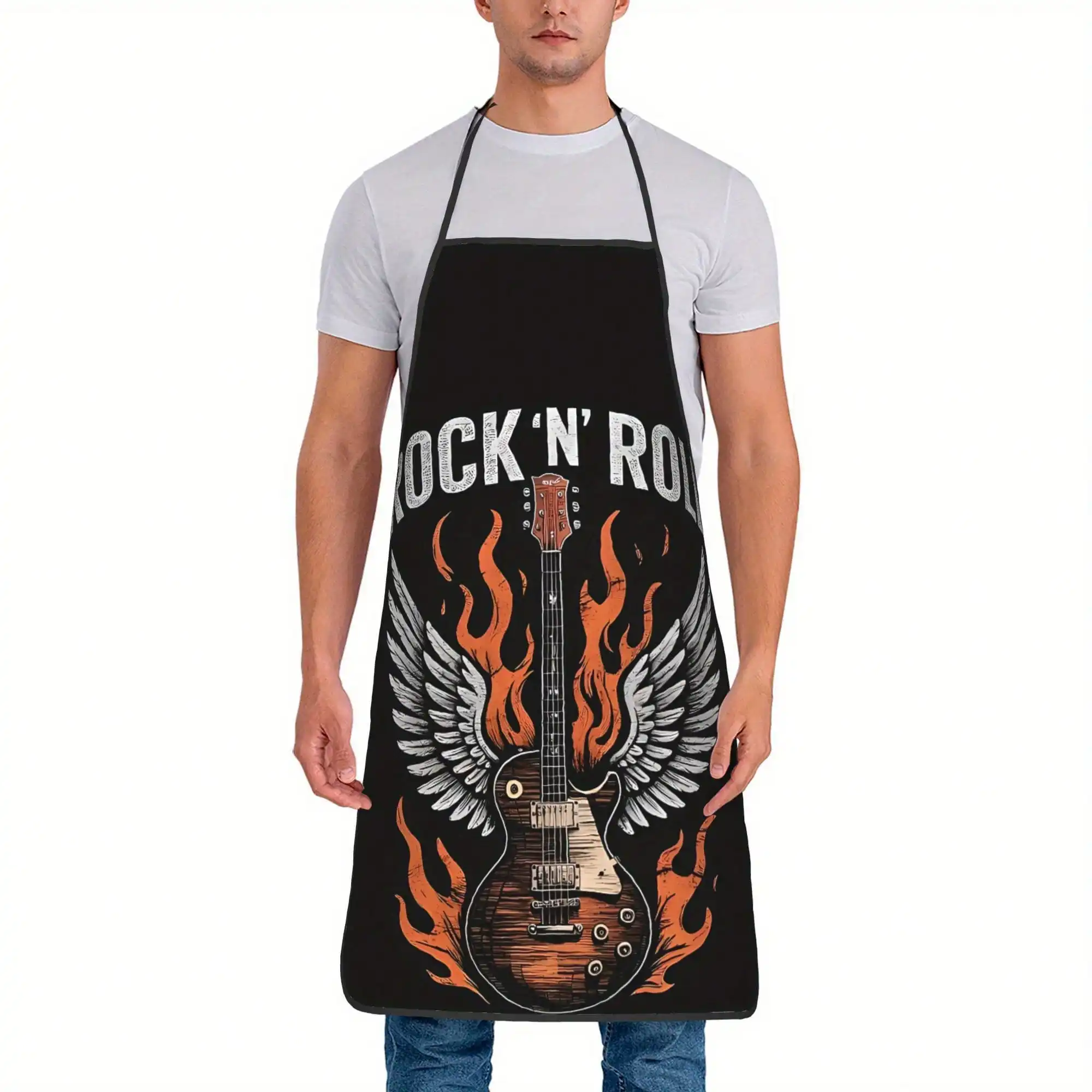 Black Rock N Roll Apron Vintage Electric Guitar with Wings & Flames Kitchen Cooking Bib for Men BBQ Grilling Gift multiple sizes
