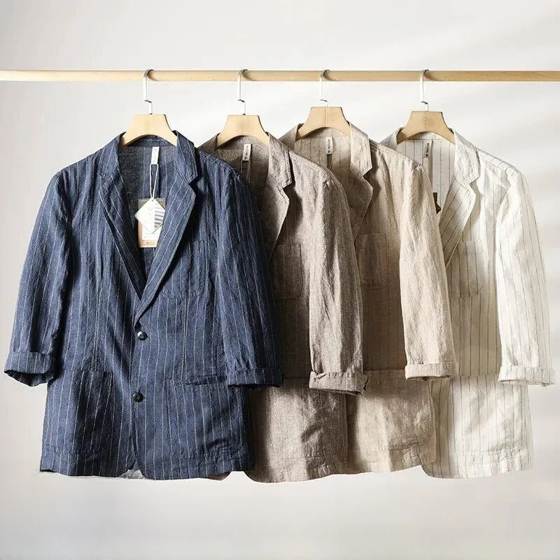 

Linen Cotton Blend Men's Casual Stripe Patterned Mid-Sleeve Seven-Quarter Length Single-breasted Suit Jacket Breathable