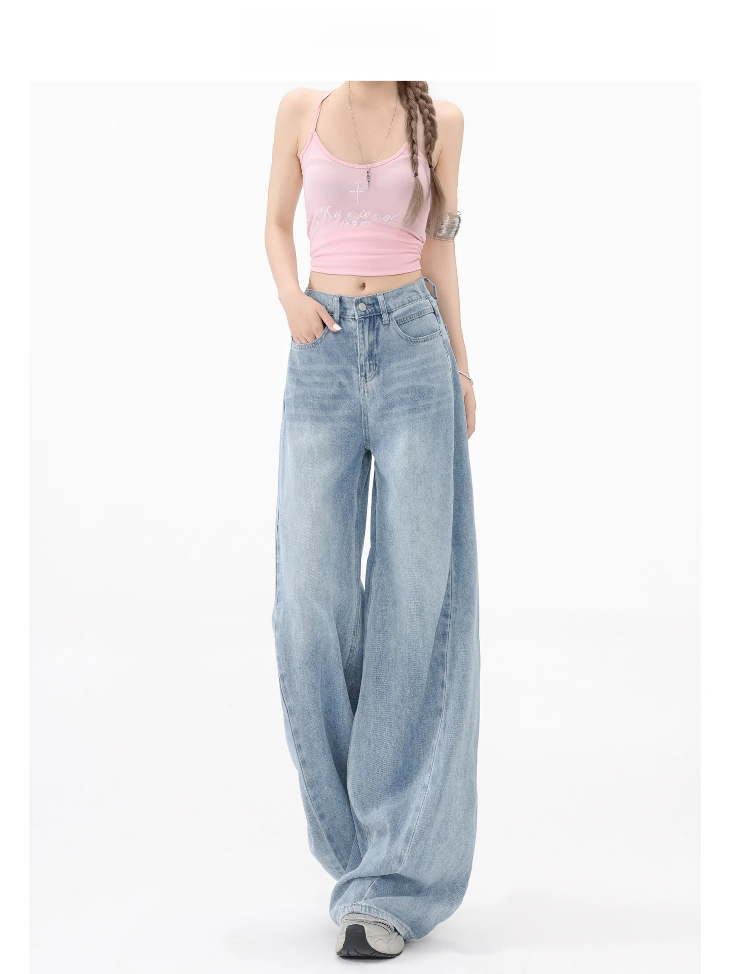 Calça Jeans Feminina Forever 21 Estilo Americano de Cintura Alta, Perna Larga, em Seda e Denim, Solta, Slim, Comprimento Longo, Modelo Knife