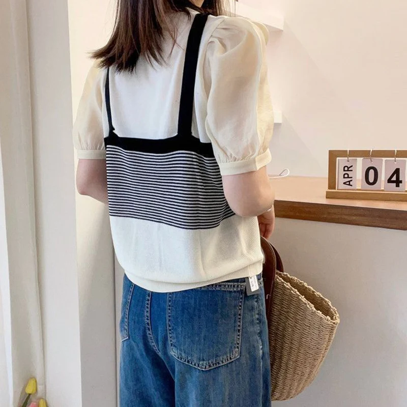 Summer Fashion Fake Two Pieces Striped Knitting Patchwork T-shirt Lady Loose Casual All-match Oversized Vintage Pullover Tee Top