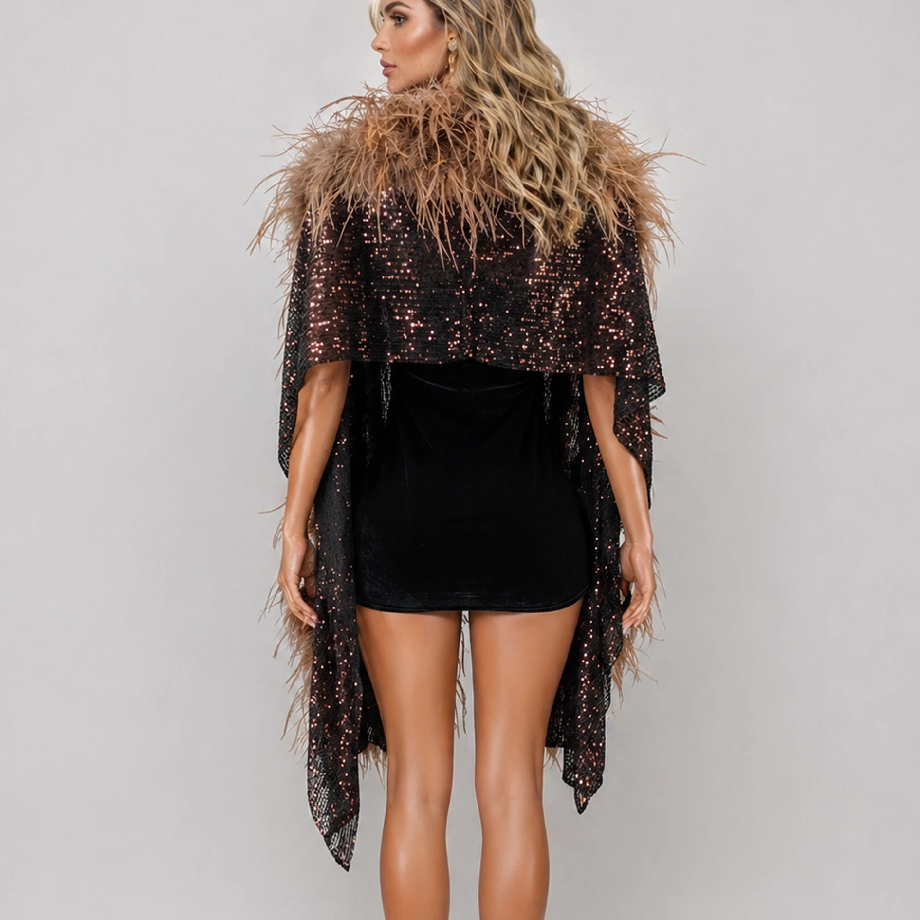 Women's Sparkly Mesh Cape with Feather Trim, Elegant Sequined Shawl Wrap for Wedding Party, Luxury Fur Collar Poncho 26A0422