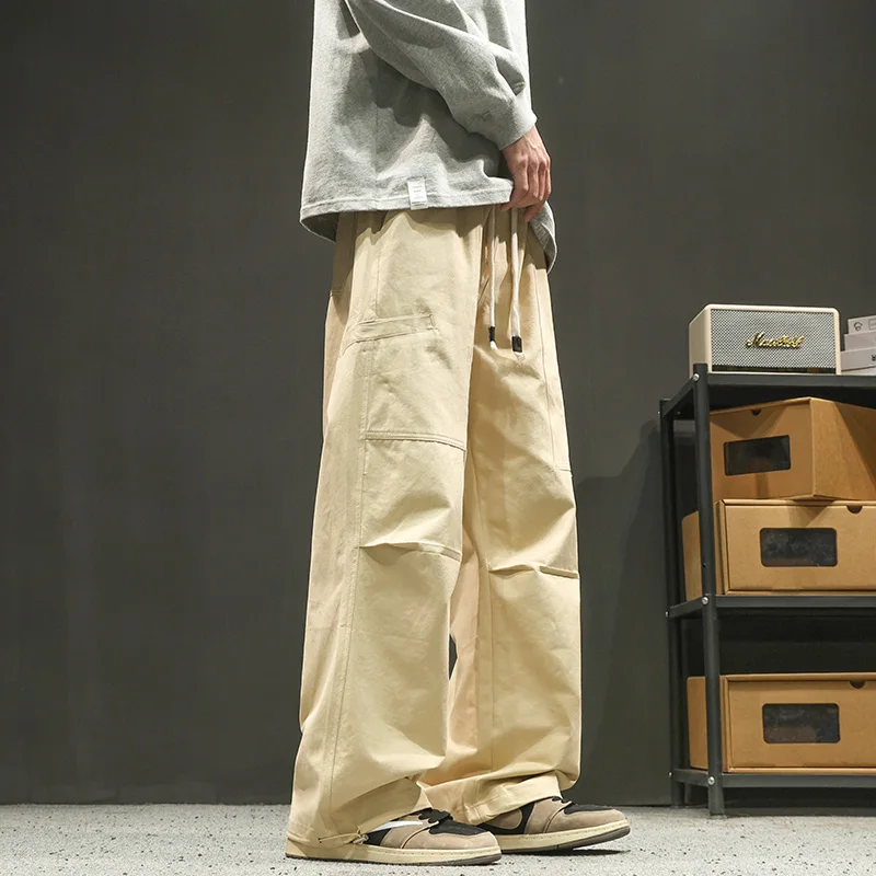 Men\'s 100% Cotton Cargo Workwear Pants - Oversized Streetwear Joggers Drop-Crotch Straight Leg Trousers with Drawstring Waist