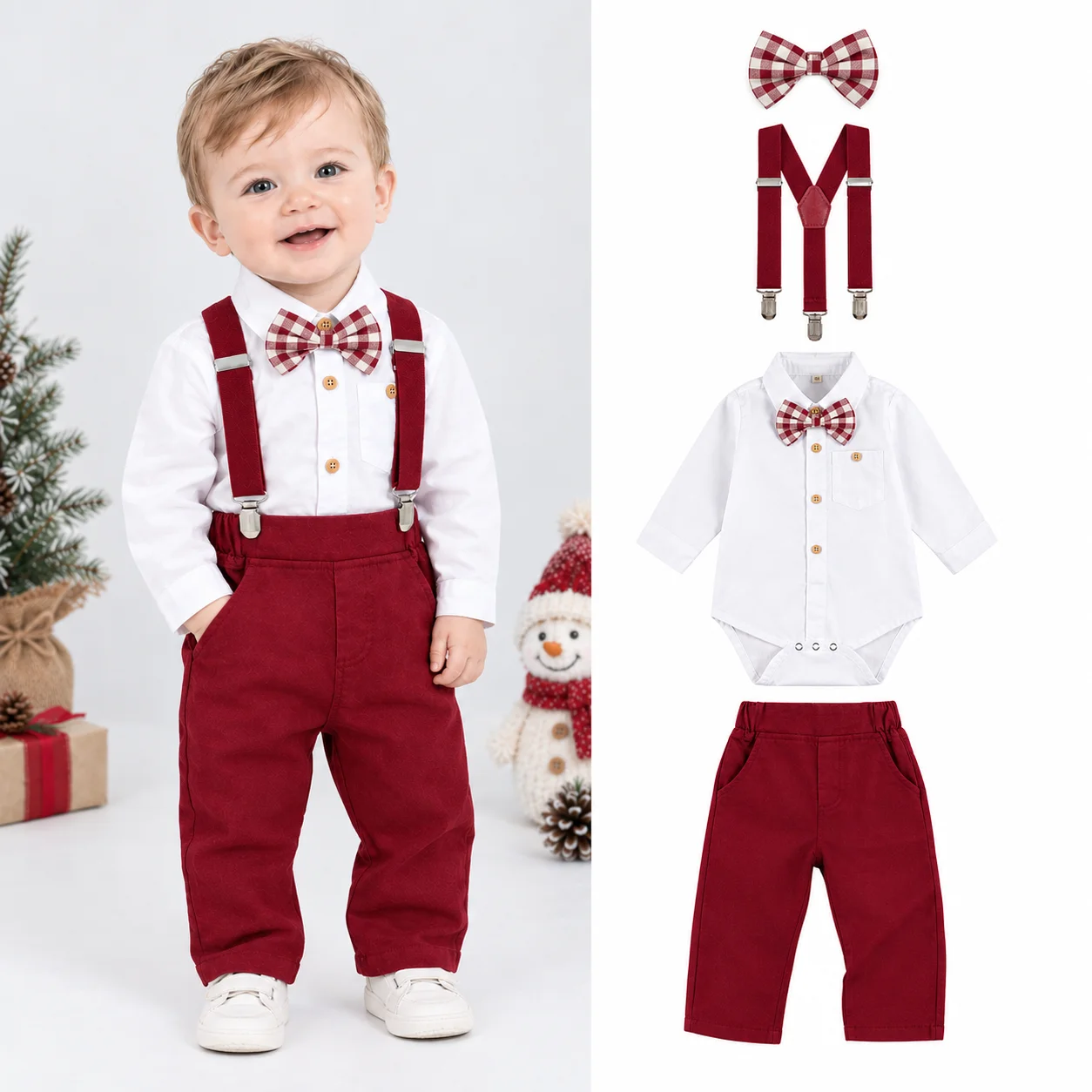 Infant First Christmas Outfit Long Sleeve Romper Suspender Sets for 3-24 Months Baby Boys Soft Cotton Toddler Wedding Suits