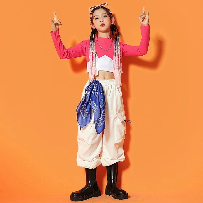 Kids Stage Kpop Outfit Green Pink Top Cargo Pants For Girls Hip Hop Clothes Group Jazz Costumes Street Rave Clothing SL7339