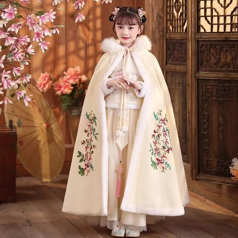 Outono inverno engrossar meninas bordado capa tradicional chinês hanfu exterior robe sorte ano novo crianças palco desempenho capa