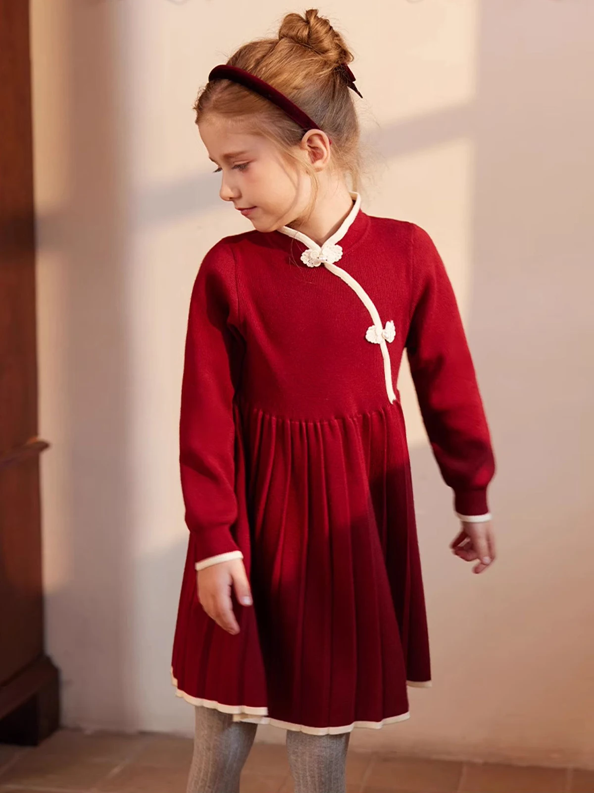 Baby Girls Full Sleeve Dresses Chinese Retro Cheongsam Knitted Dress Kawaii Kids Clothing Pink Red Autumn Winter 110cm 170cm