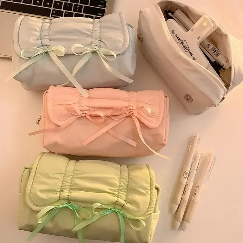 1 قطعة الإبداعية كوريا نمط القوس مقلمة سعة كبيرة متعددة الطبقات تخزين الرباط أكياس قلم رصاص اللوازم المكتبية حقيبة التخزين